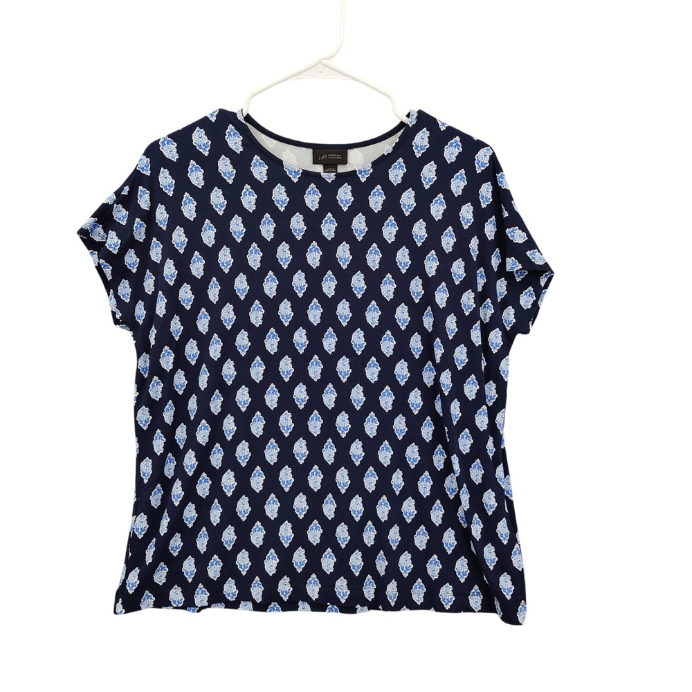 J. Jill Women Coastal Boho Medallion Top S Navy Blue Short Sleeve Knit Tee